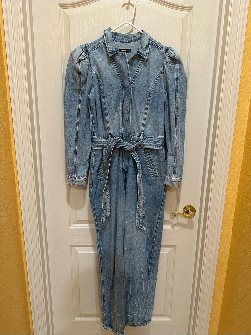 Express Light Denim Jumpsuit with Tie Waist